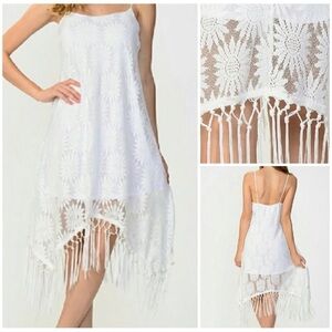 Moon Sz S White Floral Lace Asymmetrical Fringed Slip Dress Cover Up NWT NEW
